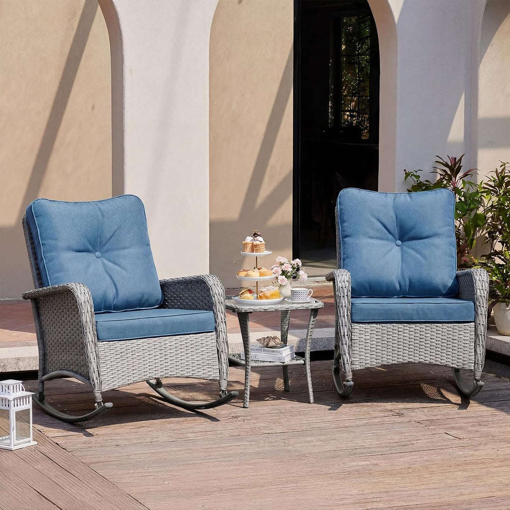 Rocking Chair Outdoor Set 2 with Table, Full Rattan Oversized Blue | 3 Piece Wicker Rocking Bistro Set with 4"