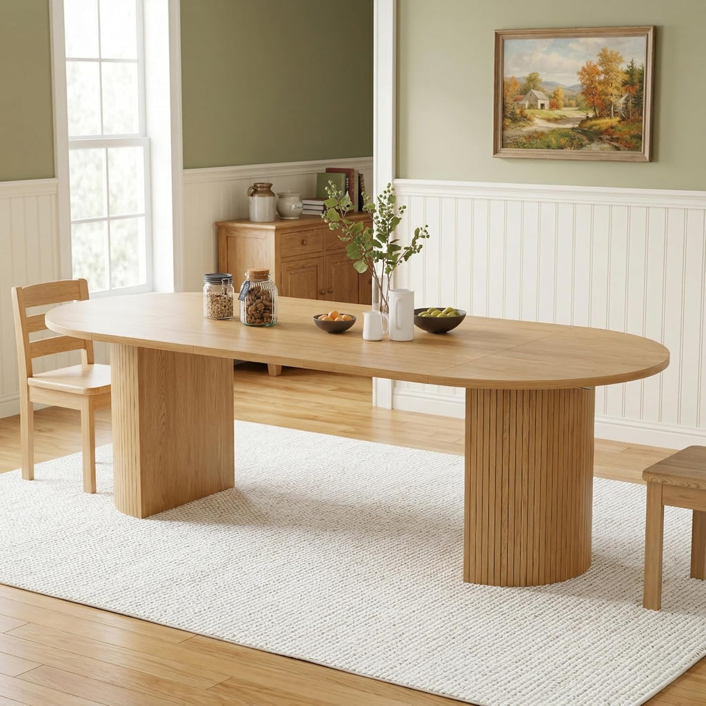43-95 Inch Oval Extendable Dining Table for 4-10, Fluted Space Saving Long Round Kitchen Table with 3 Leaf, 2