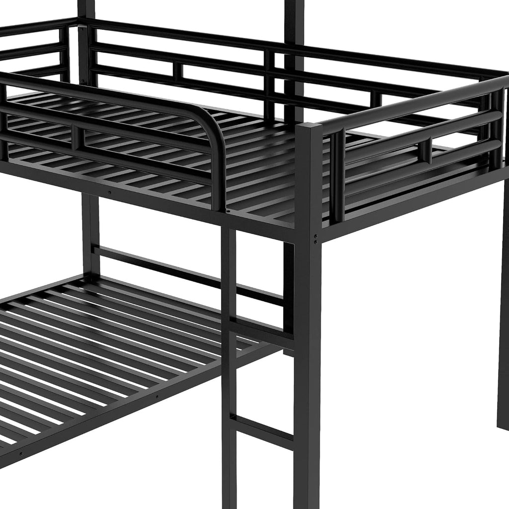 Metal Triple Bunk Bed Twin, L-Shaped Metal Triple Bunk Bed Frame, 3 Beds Bunk Bed for Kids Teens Adults - Black
