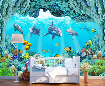 3D Ocean Animal World Shark cave Shoal of Fish Wallpaper Mural for Kid's Room (Not Peel and Stick)
