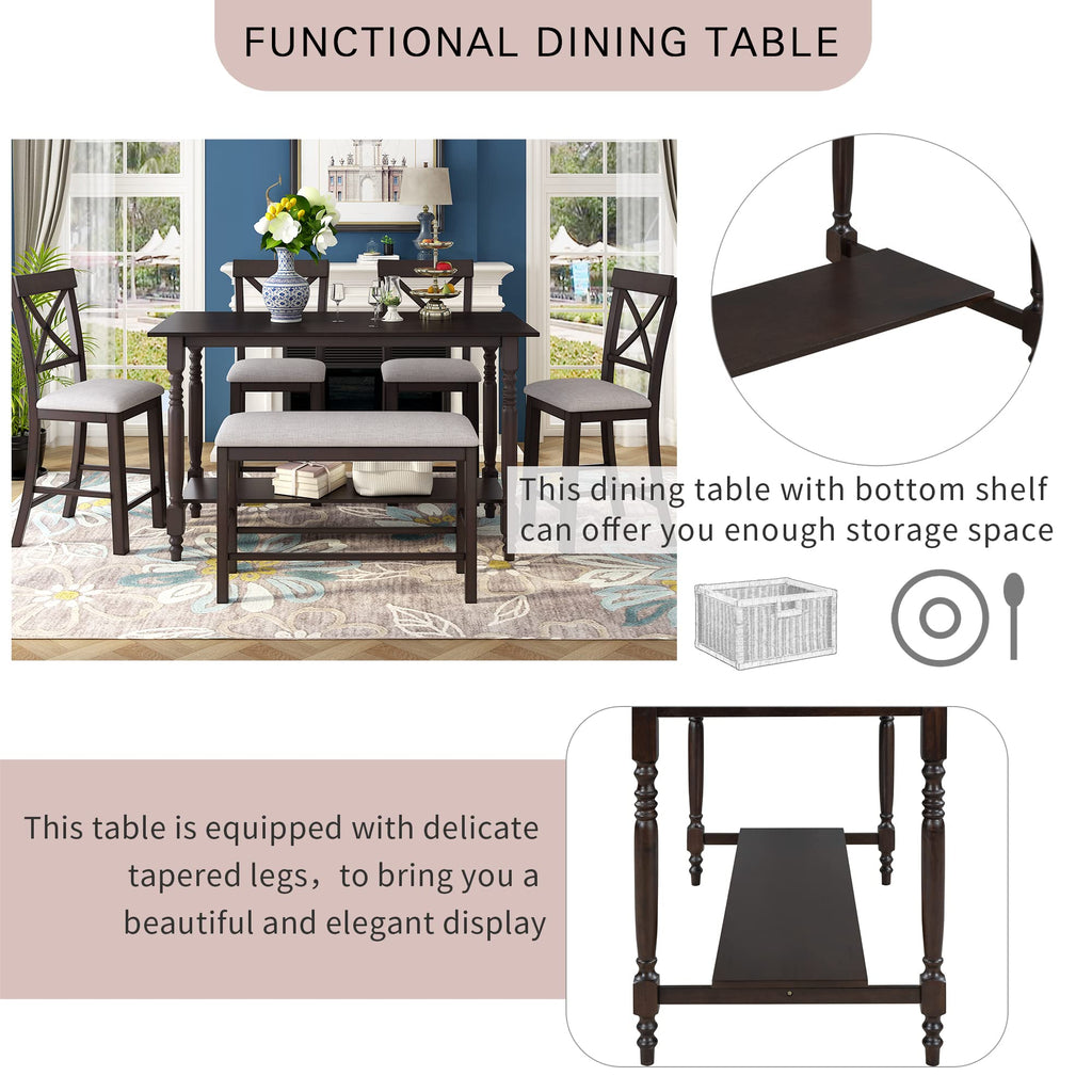 6-Piece Wooden Dining Table Set, Wood Rectangular Table and 4 Upholstered Chairs and 1 Bench, Kitchen Dining Table