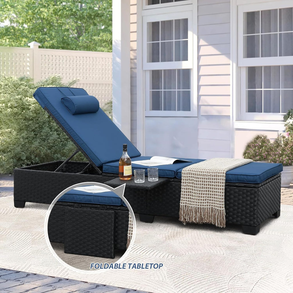 Outdoor Chaise Lounge Chairs for Outside Patio Furniture Set of 2 Wicker Recliner Black Rattan Sunbathing Lounger