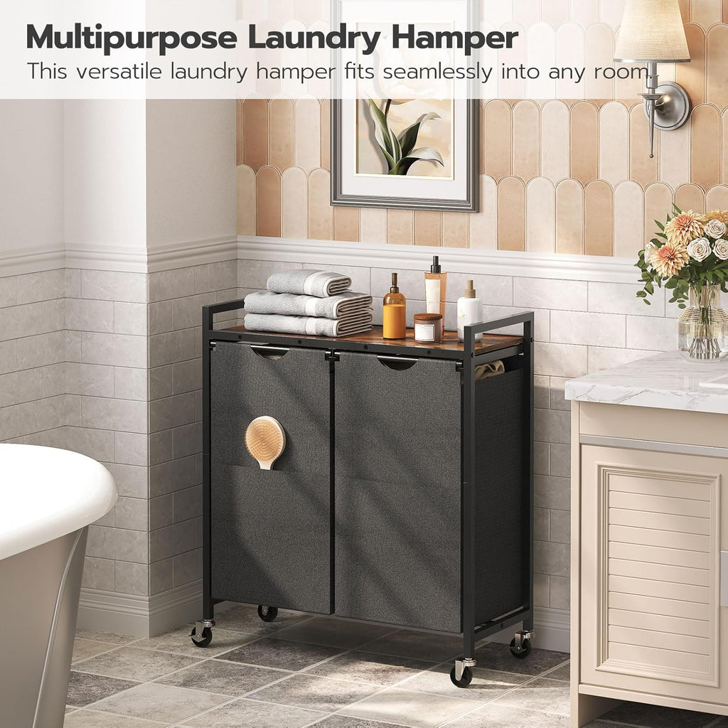Laundry Hamper, Laundry Sorter 2 Section, 2 × 13 Gal (49.5L), Laundry Basket with Wheels, Rolling Cart, Pull-Out and