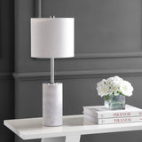 25.5" White Marble and Chrome Modern LED Table Lamp, Minimalist Iron Bedside Lamp Bedroom, White Linen Drum Shade