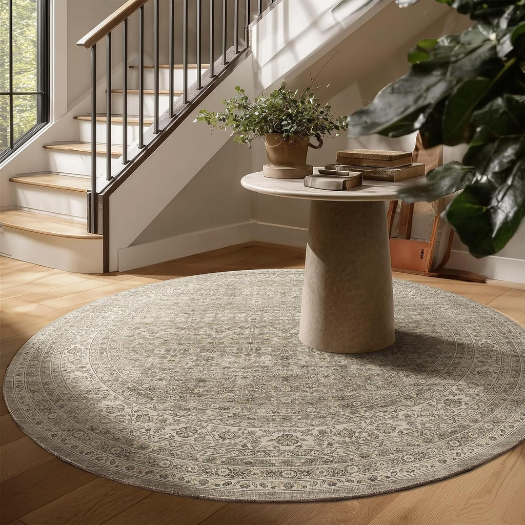 6ft Washable Round Rugs for Bedroom: Circle Living Room Rug Vintage Non Slip Low Pile Soft Faux Wool