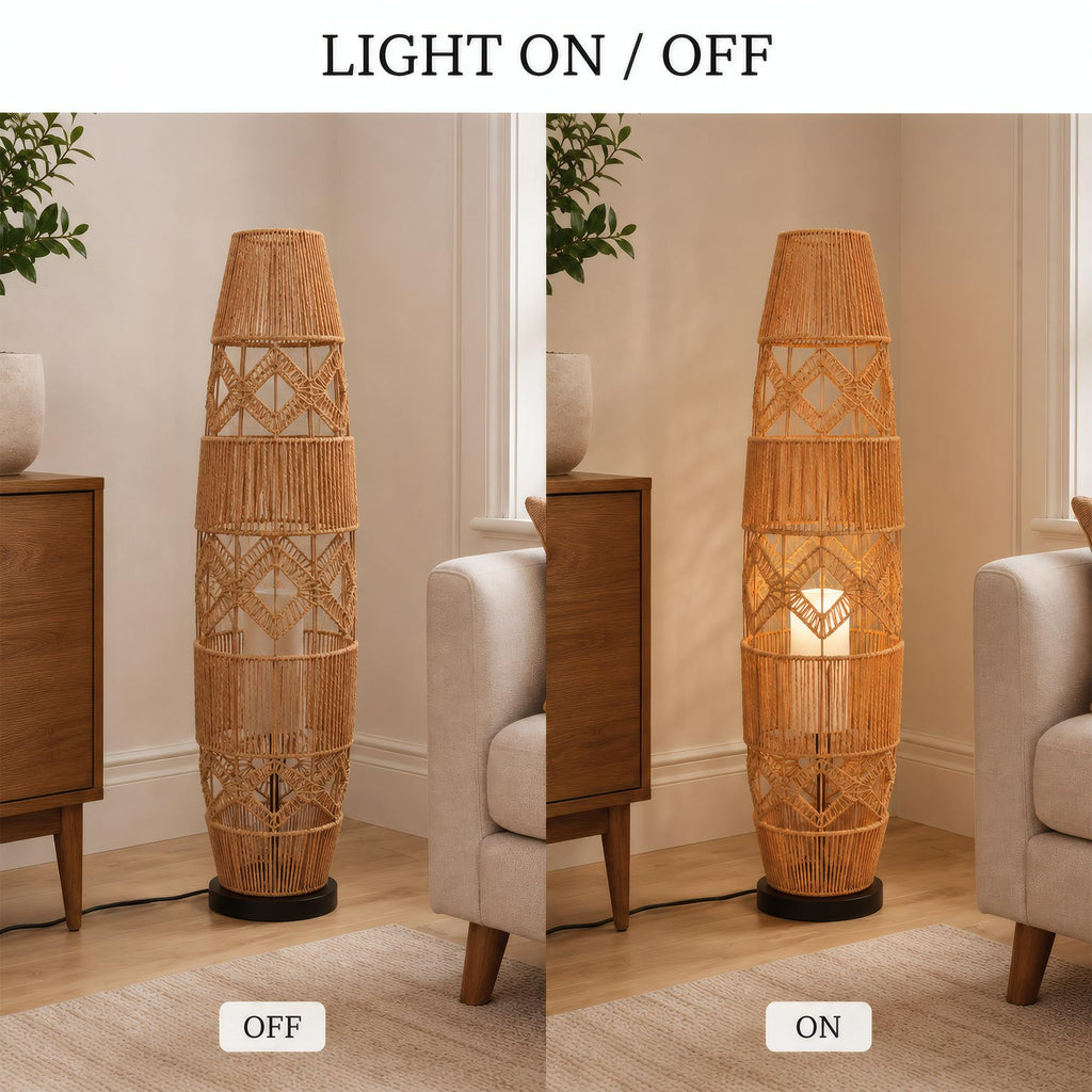 Bamboo Floor Lamp, Farmhouse Style Large Wicker Indoor Floor Light, Boho Standing Light Plug in, Woven Rope Standing