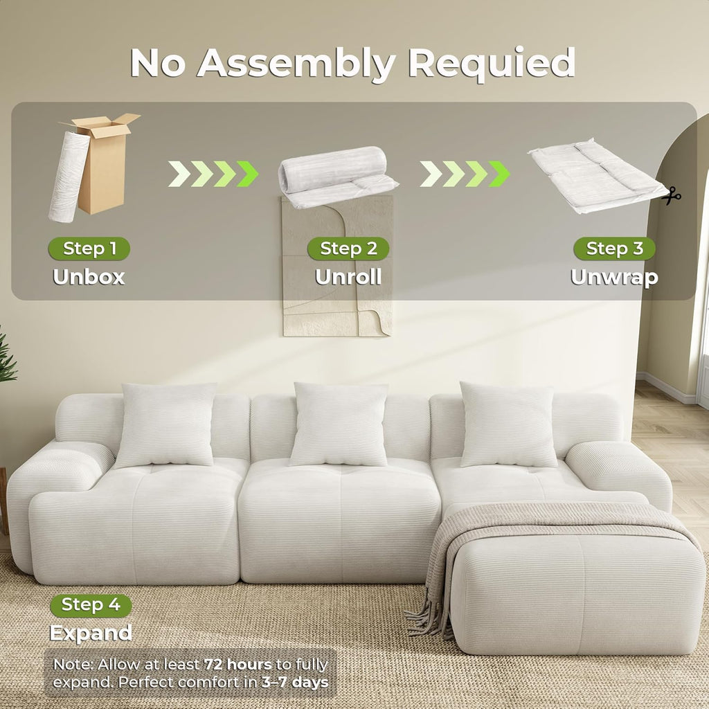 118" Modular Sectional Sofa with Ottoman, L-Shaped Boneless Couch with Deep Seat for Living Room