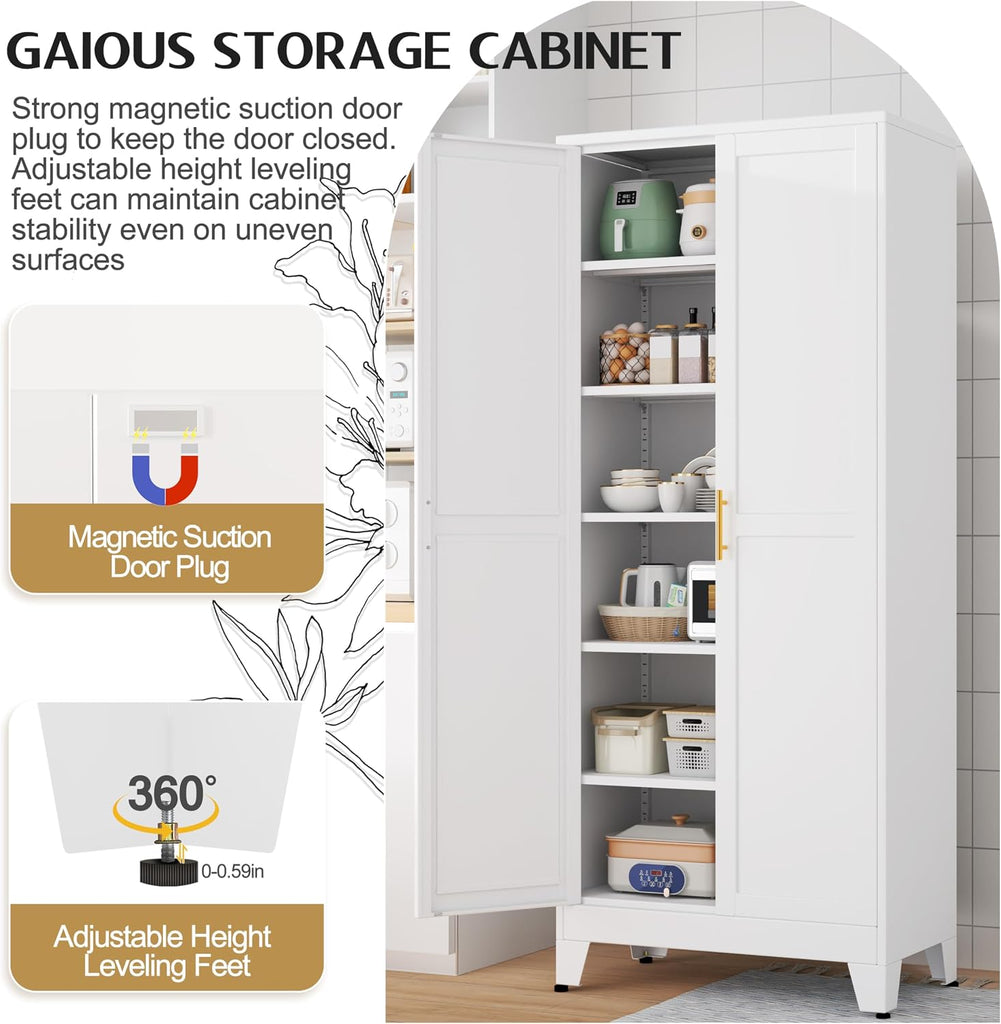 75.2" Tall Metal Kitchen Pantry Storage Cabinets with 2 Door and 5 Adjustable Shelves, Cupboard , White