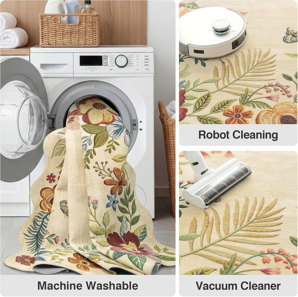 9x12 Floral Washable Area Rug Beige Neutral Vintage Flower Botanical Cottage Boho Cream Scalloped So