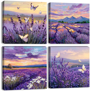 Purple Lavender Wall Art Bedroom Wall Decor Abstract Butterfly Scenery Pictures Watercolor Sunset Forest Paintings