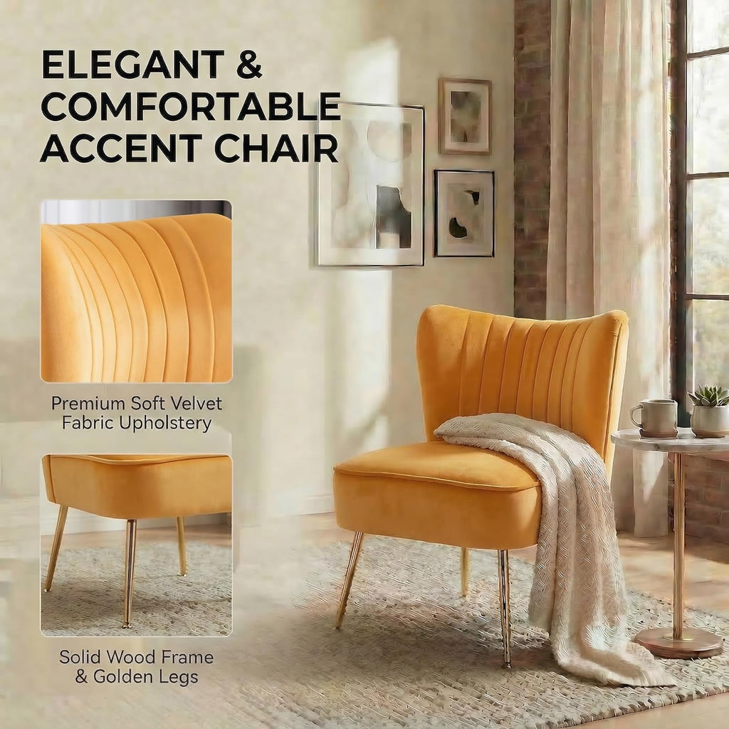 Modern Accent Chair Set of 2 Velvet Slipper Chair with Gold Legs Wingback Side Chair Bedroom Entryway Small Corner