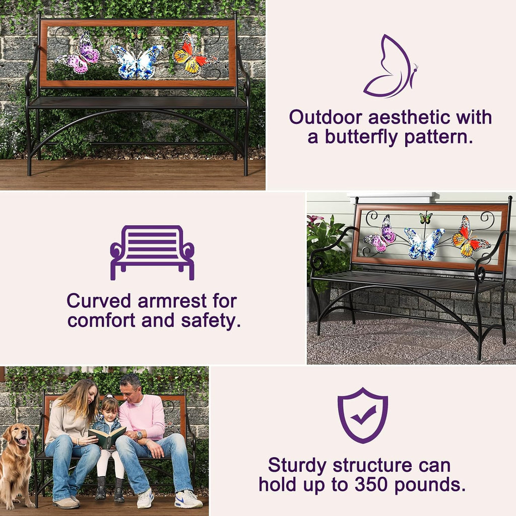 39.7" Outdoor Bench, Garden Bench, Patio Bench with Armrest, Slatted Seat and Butterfly Pattern Backrest for Outside