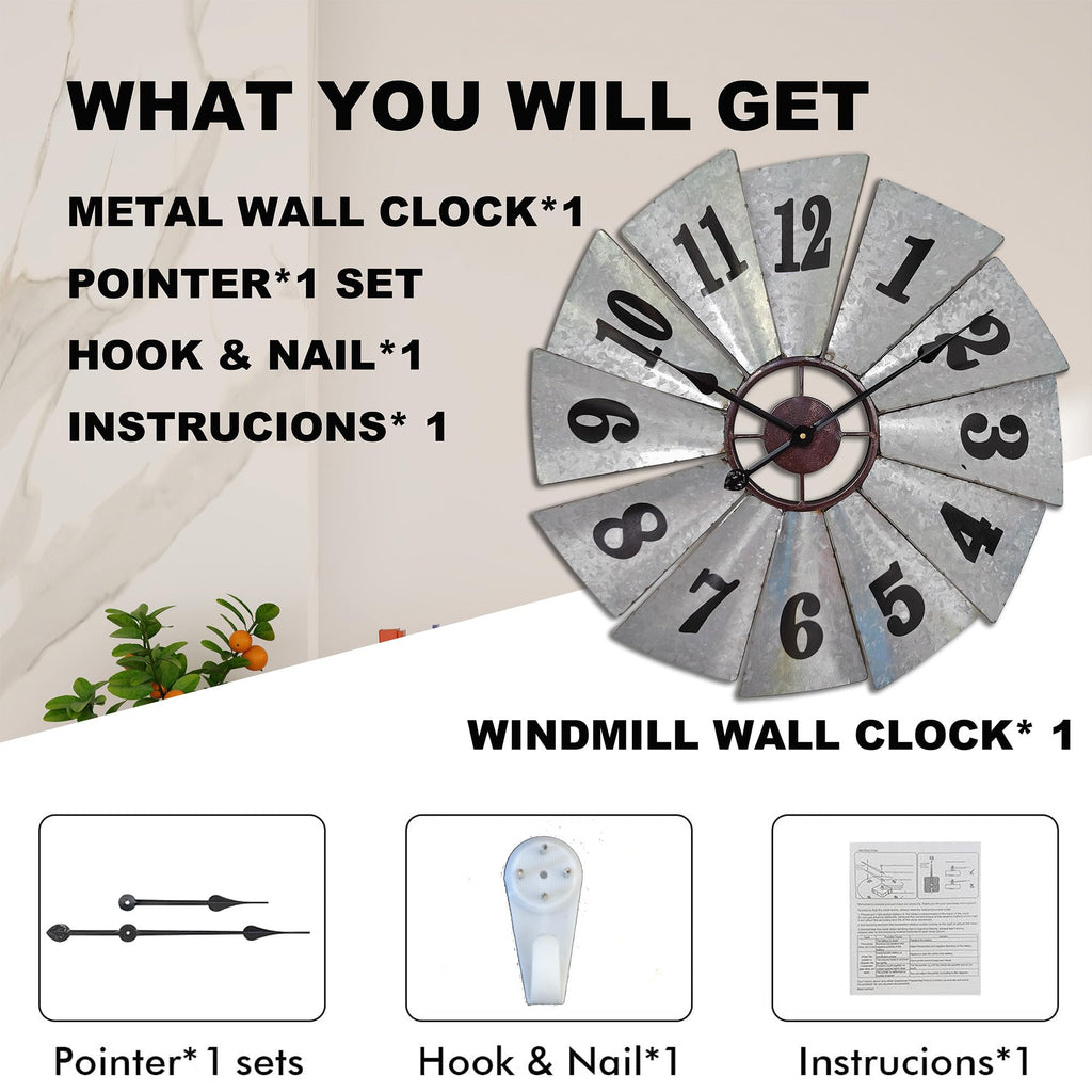 24 Inch Rustic Windmill Wall Clock - Galvanized Metal Farmhouse Decor, Silent Battery Operated Vintage Industrial