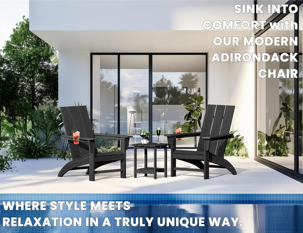 Modern Adirondack Chair with Cup Holder, HDPE Plastic Patio Chairs | Wood Texture Outdoor Chairs, Lawn Chairs for