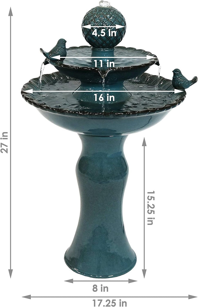 27" H 2-Tier Ceramic Water Fountain - Outdoor Water Feature - Garden Fountain - Blue
