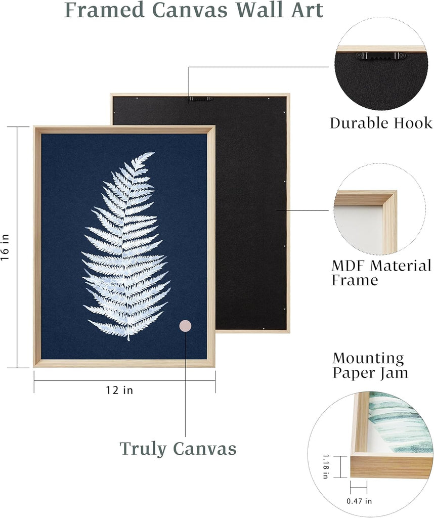 Framed Wall Art(No Plexiglass), Abstract Green Palm and Eucalyptus Leafs Canvas Wall Art, High-end 16x12in Wood Wall