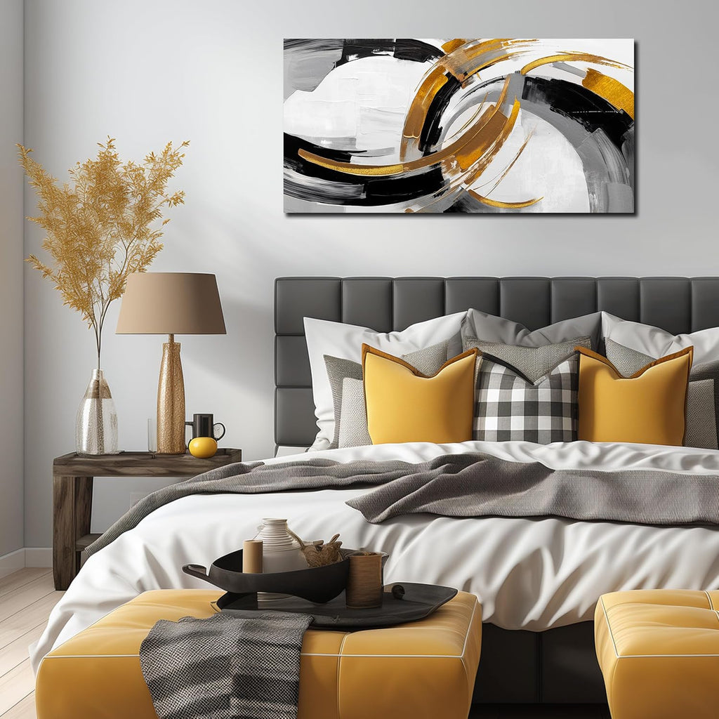 Large Abstract Canvas Wall Art Black White and Gold Minimalist Line Artwork Office