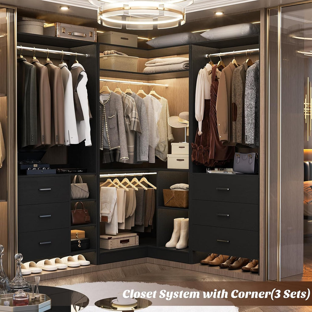 Corner Closet System with Shelves, Closet Organizer System with Hanging Rods, Wood Walk-in Closets for Corner Small