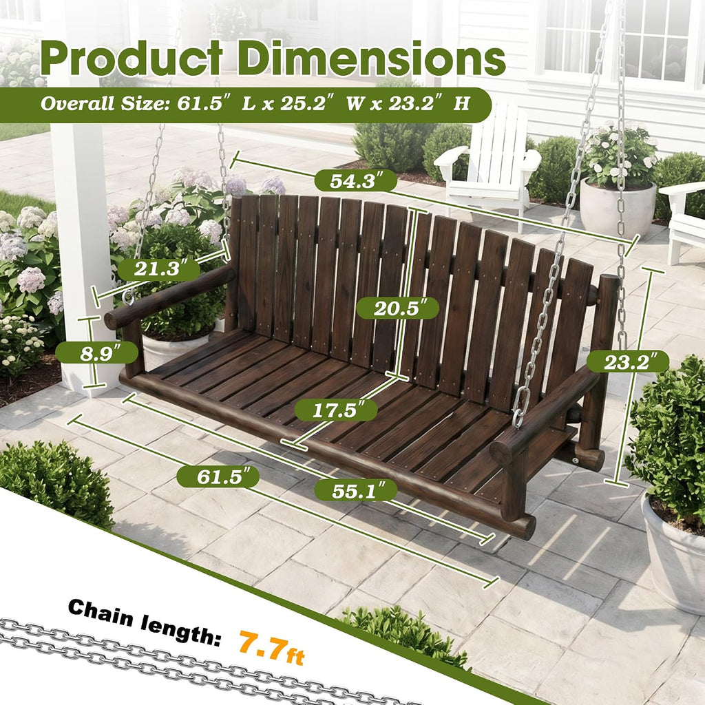 5FT Wooden Hanging Porch Swing, Outdoor 3 Person Patio Bench, Heavy Duty 900 LBS Swings Chair, 3-Seat Solid Fir Wood