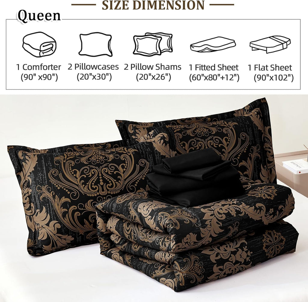 Black Comforter Set, Gold Damask Texture 7 Pieces Bed in a Bag Microfiber Comforter Bedding Sets-1 Comforter