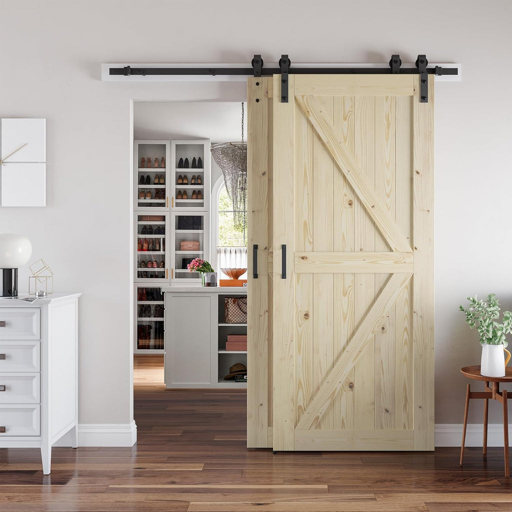 Double 30x80 in Door, for 51"x80" Opening, Solid Wood Panelled Bypass Barn Door with Sliding Hardwar