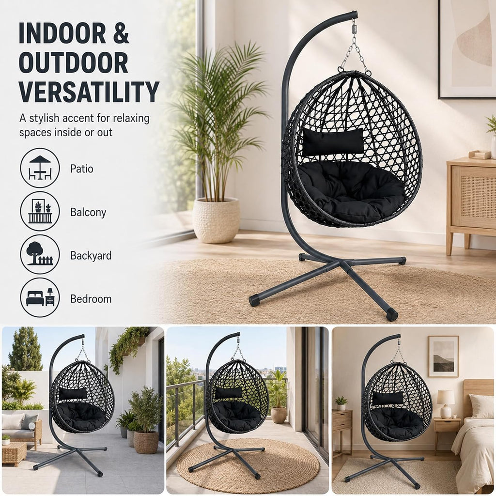 PE Rattan Hanging Egg Chair with Stand, Outdoor Folding Hammock Swing Chair Balcony Backyard Bedroom, Heavy Duty