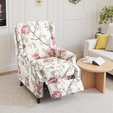 Pushback Recliner Chair, Floral Fabric Wingback Recliner Chair, Upholstered Rivet Trim Armchair Push Back Recliner