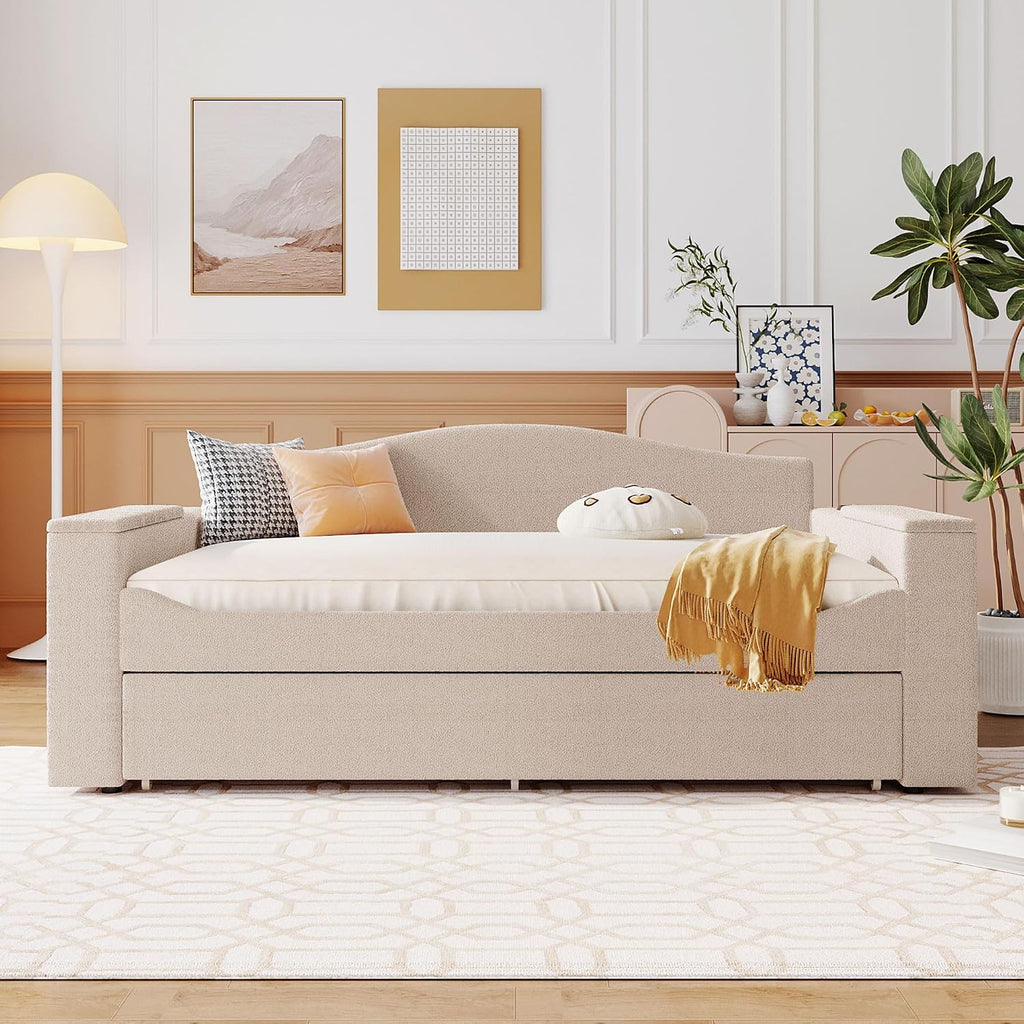 Full Size Upholstered Daybed with Trundle and Storage Armrests,Trundle-Bed with Integrated Bluetooth Audio System