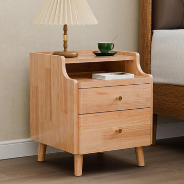 Nightstand with Drawers, Pre-Assembled, 19.7" H Natural Solid Wood Night Stand with Open Sliding Shelf, Mid Century
