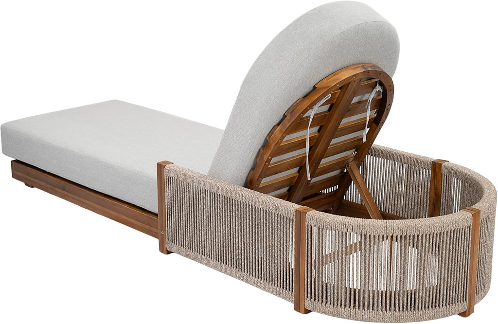 Set of 2 Acacia Wood Chaise Lounge Chair Outdoor with Handwoven Rope, Adjustable Backrest Sun Lounger Recliner