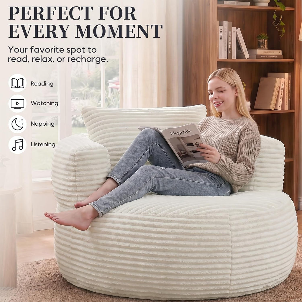 47.2" Round Accent Chair, Barrel Lounge Chair , White | Comfy Oversized Corduroy Upholstery Deep Seat Single Cuddle