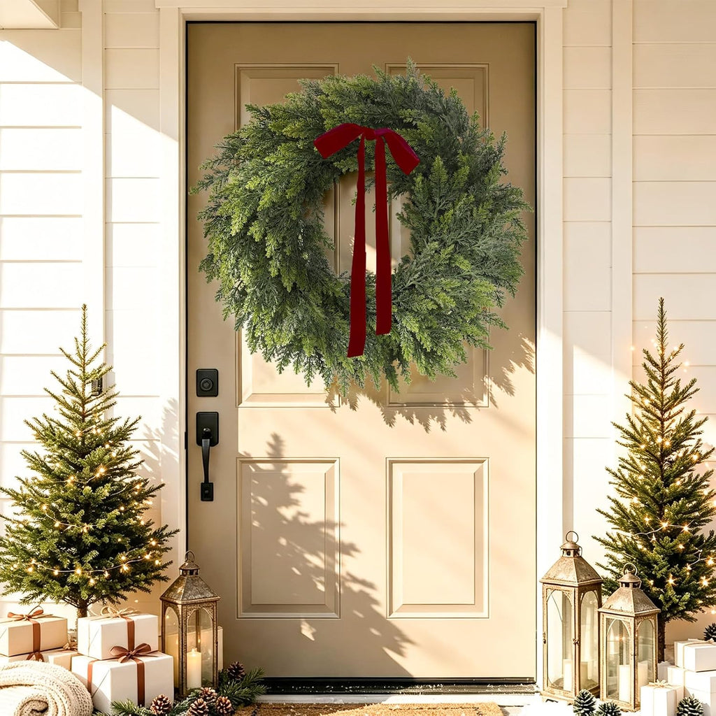 26" Christmas Cedar Wreaths for Front Door, Real Touch Handmade Full Artificial Cedar Wreath Set, Faux Greenery - Set of 2