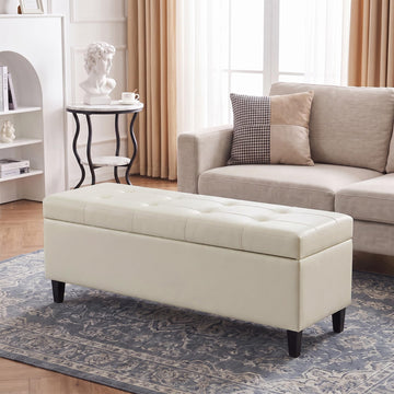 50.5 Inch Storage Ottoman Bench, Faux Leather Tufted Upholstered Bedroom Bench with Safety Hinges, Supports 300 lbs