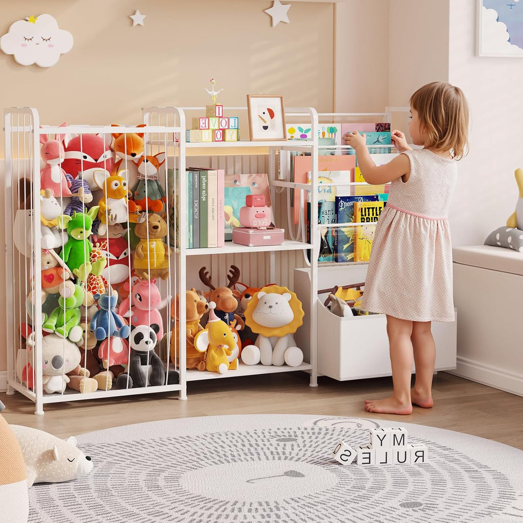 Kids Bookshelf and Toy Storage Organizer, 3-in-1 Toddler Montessori Bookcase with Stuffed Animal Storage & Movable