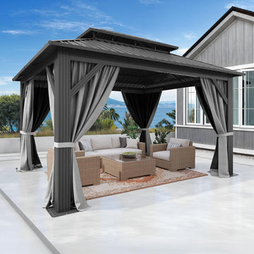 14x12FT Gazebo Hardtop Outdoor Double Roof with Nettings and Curtains