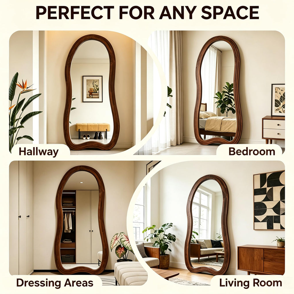 Solid Wood Full Length Mirror, 67"x31.5" Irregular Floor Mirror