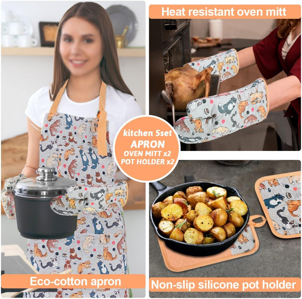 Oven Mitts and Pot Holders with Chef Apron,Kitchen Set of 5 | Heat Resistant Kitchen Gloves and Silicone Non-Slip