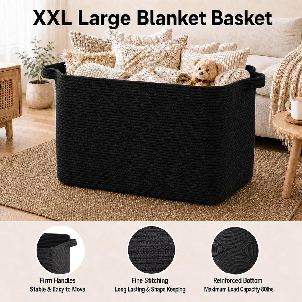 118L Extra Large Blanket Basket Living Room, 24.8"x17.7"x16.2" | Woven Rope Baskets for Storage, Nursery Blanket