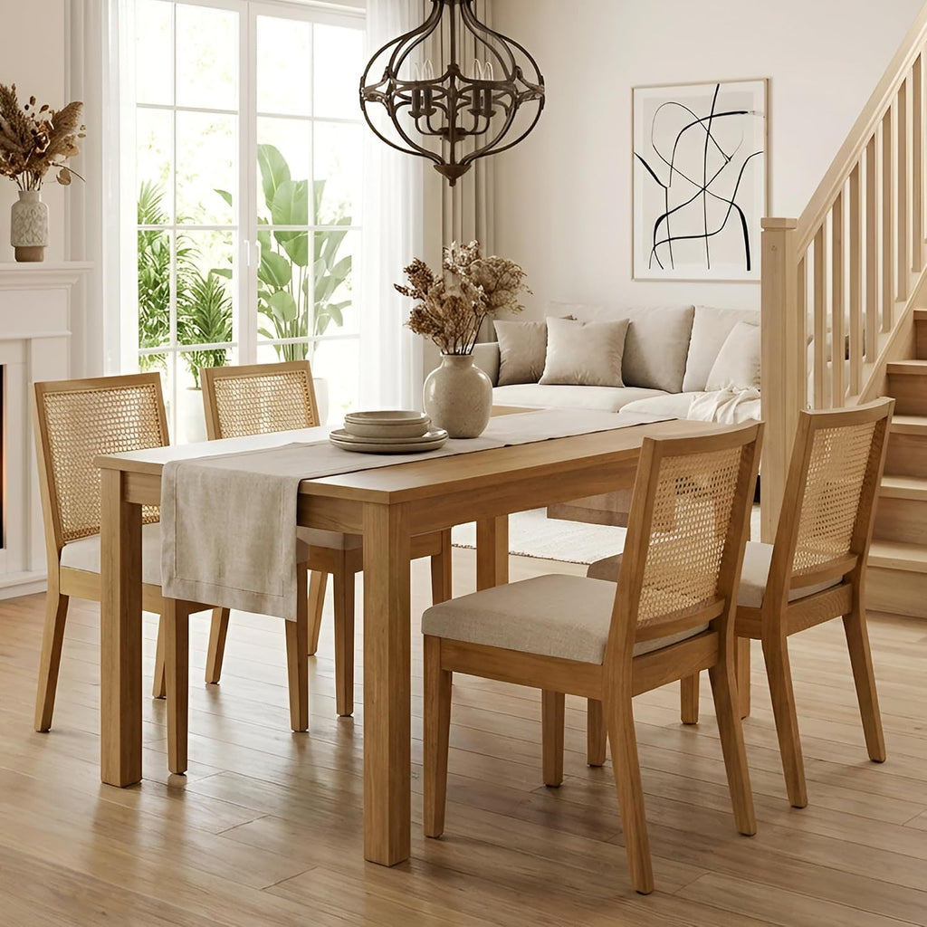 Farmhouse Rattan Dining Chairs Set of 4, Natural Solid Hardwood Frame, Upholstered Linen Seat, Ergonomic Cane Back