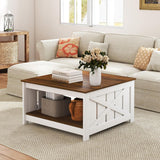 Farmhouse Coffee Table, 31 Inch Square Wood Coffee Table with Storage Shelf