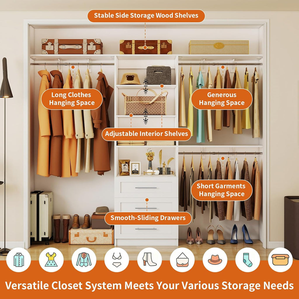 Closet System with Drawers, 5-7.61FT Closet Organizer System with Cuttable Shelves & 3 Expandable Hanging Rods, 96"