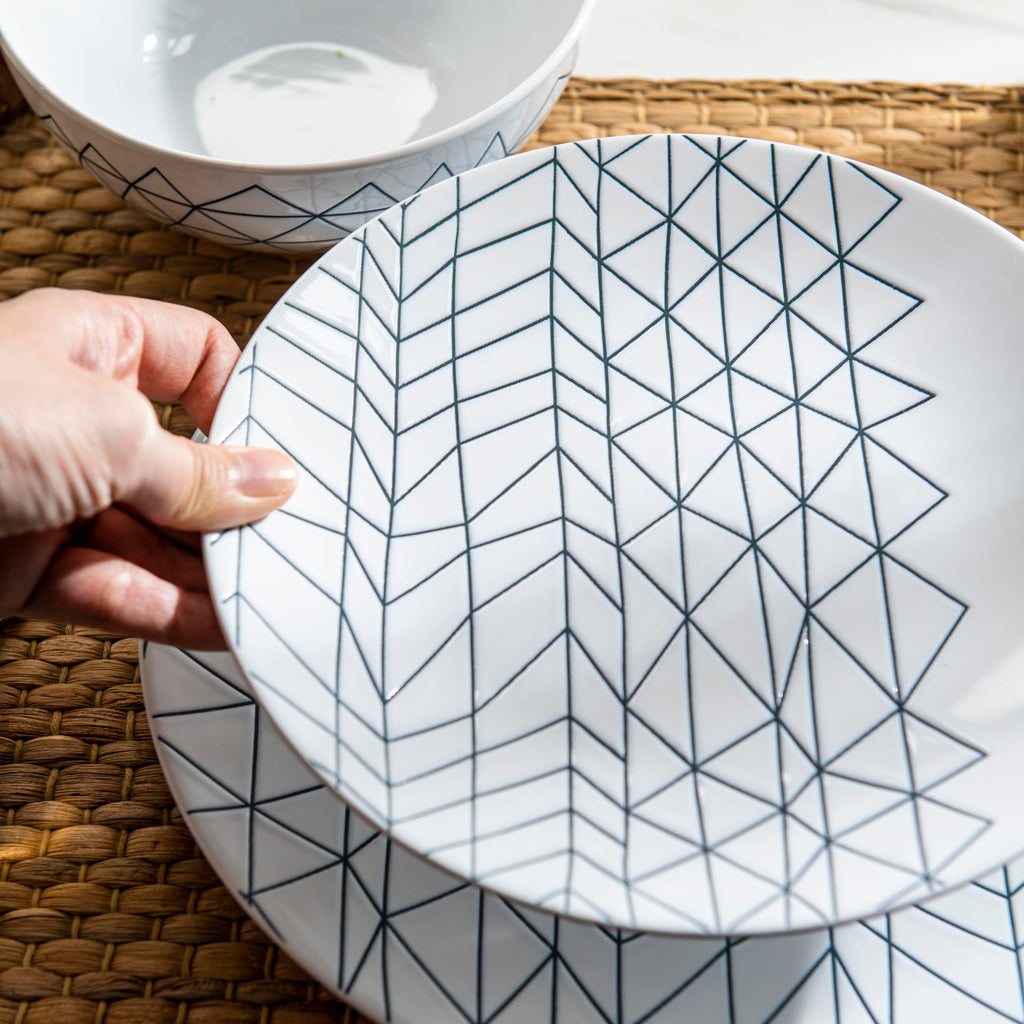 12 Piece Ceramic Dinnerware Set Modern Contemporary Design Plates and Bowls for Dining Glossy White Stoneware Dishes
