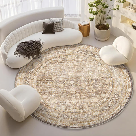 Vintage Beige Round Rug 6ft, 6 ft Retro Washable Circle Rug Non Slip, Low-Pile Faux Wool Circular Ca
