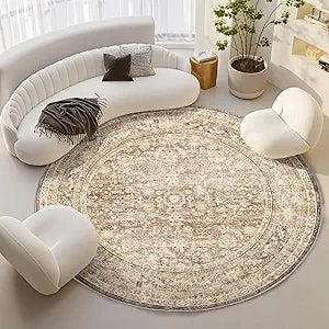 Vintage Beige Area Rugs 6' Round, Washable Rug
