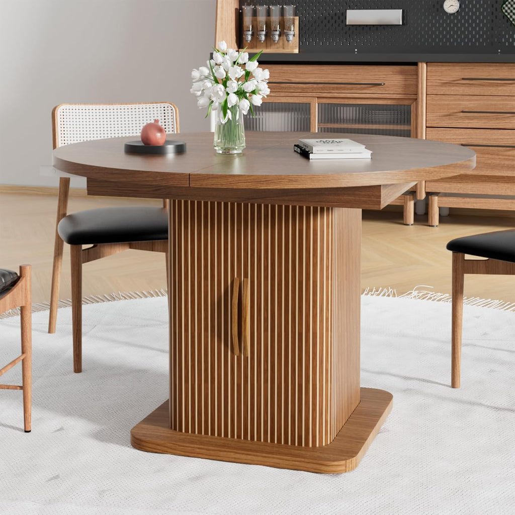 Extendable Round Dining Table for 4-6-8, 59 Inch Dining Room Kitchen Table with Storage, Fluted Wood Slide Door