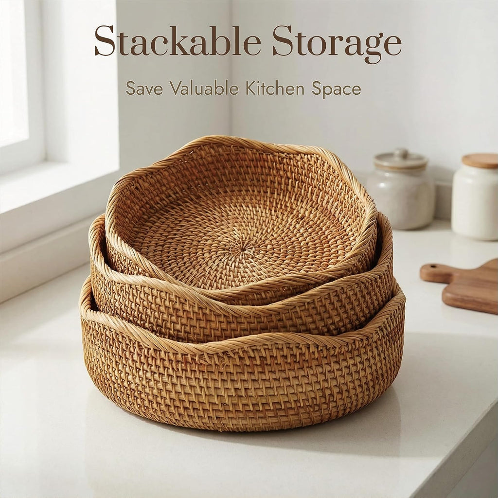 Rattan Bread Basket, Round Fruit Baskets, Wicker Storage Bowls, Natural Woven Serving Basket Bowls, Decorative
