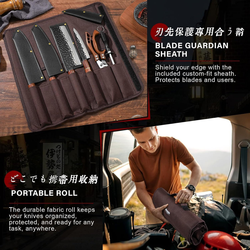 Japanese Knife Set 6pcs with Covers - Professional Chef Knife Set | Bag & Sharpener, High Carbon Steel Forged Knives