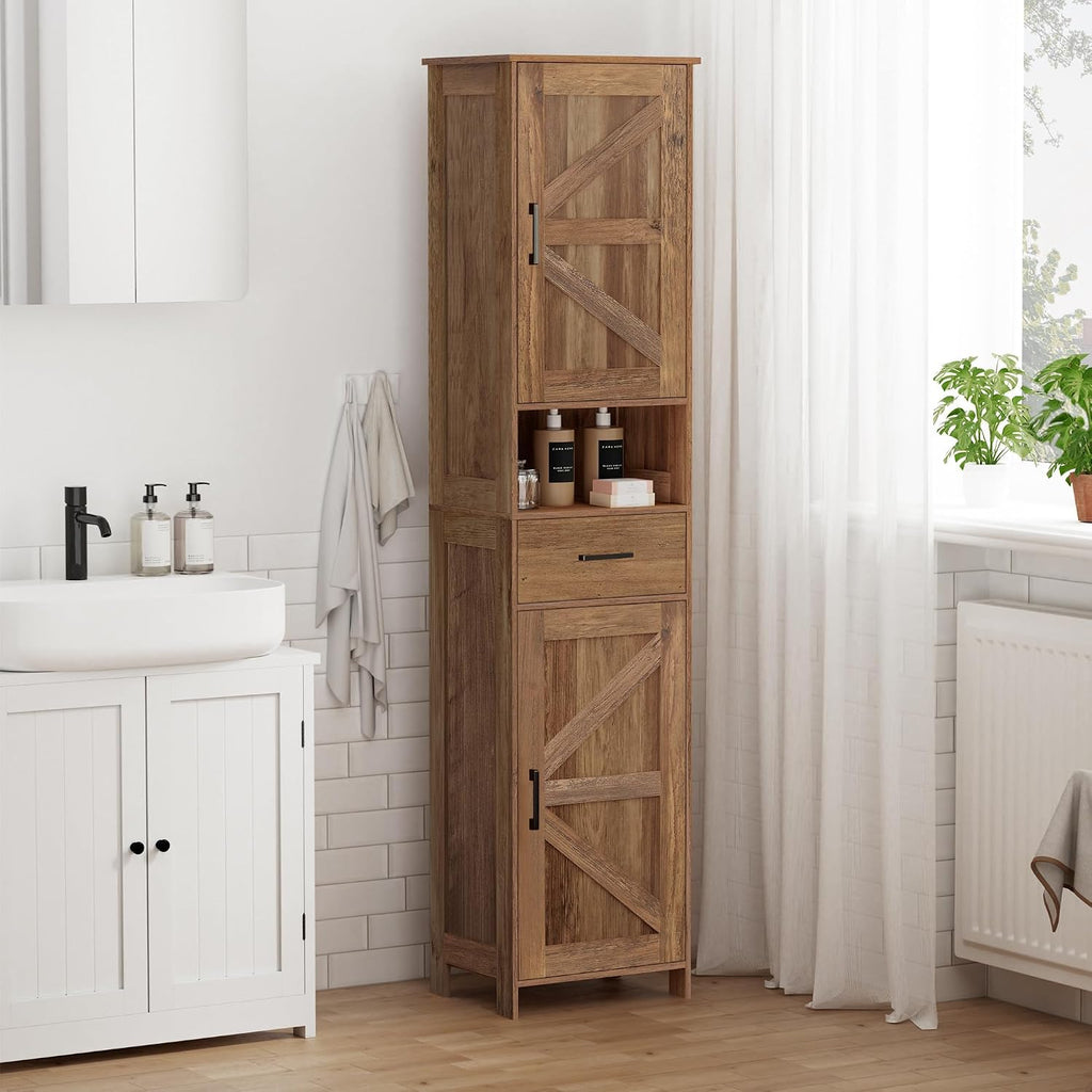 67" H Tall Bathroom Storage Cabinet with Barn Doors and Drawer | Narrow Storage Unit with Adjustable Shelves, Floor