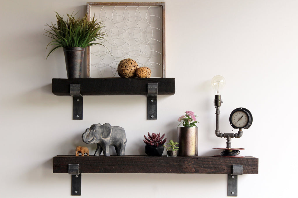 Reclaimed Barn Beam Accent Shelves | Floating or with Brackets Rustic Shelves, Set of 2 | (Bracketed Coffee Bean