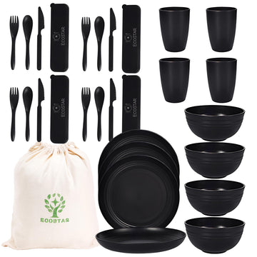 Wheat Straw Dinnerware Sets Unbreakable Plates Bowls and Cups Reusable Utensils Dishwasher Microwave Safe Bowls and